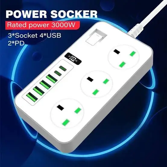 Capacidad de Alta Carga: Soporta hasta 3000W de potencia total, ideal para electrodomésticos, equipos de cómputo y dispositivos de entretenimiento. Conectividad Versátil: Equipado con 2 puertos PD (Power Delivery) de carga inteligente y 4 puertos USB estándar para cargar múltiples dispositivos móviles (smartphones, tablets, etc.) sin necesidad de cubos adicionales. Diseño Seguro: Fabricado con materiales ignífugos (resistentes al fuego) de alta calidad que brindan mayor seguridad durante el uso prolongado.