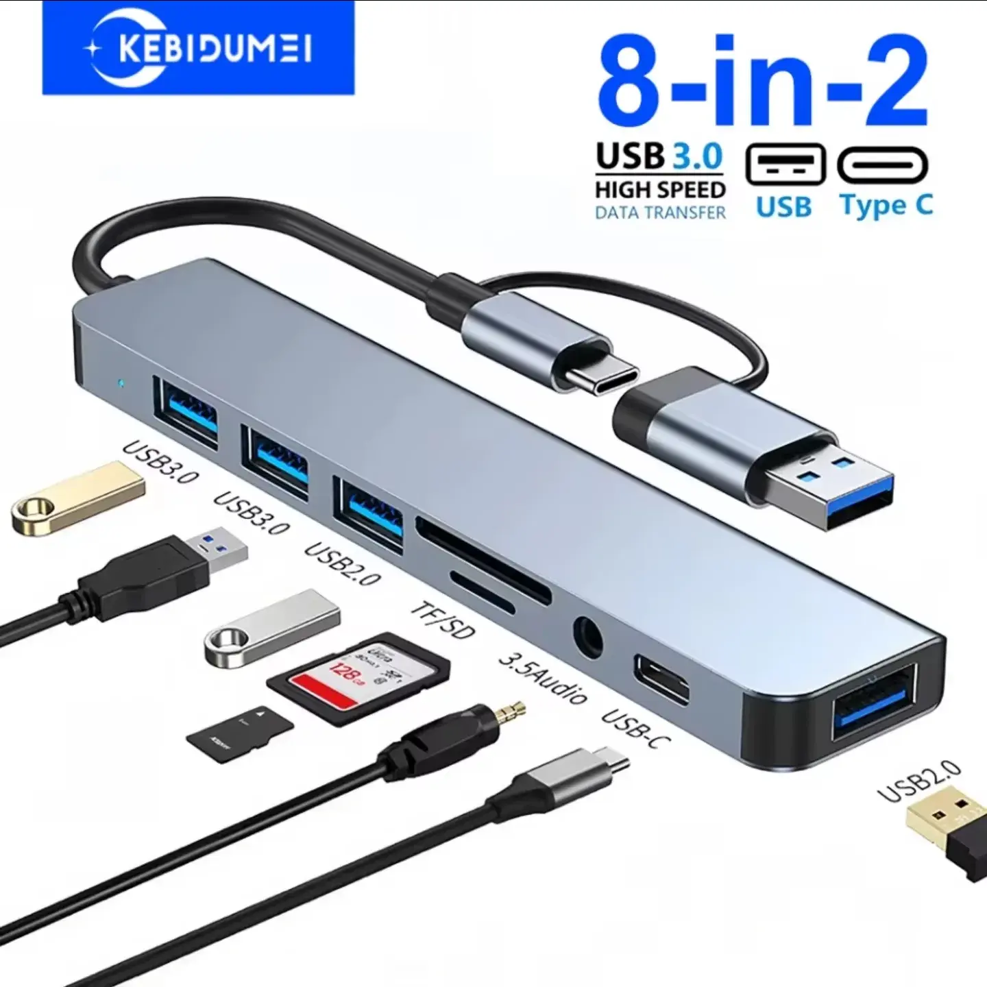Hub Adaptador Multipuerto 8 en 1 (USB 3.0, USB-C, Lector SD/TF y Audio 3.5mm)