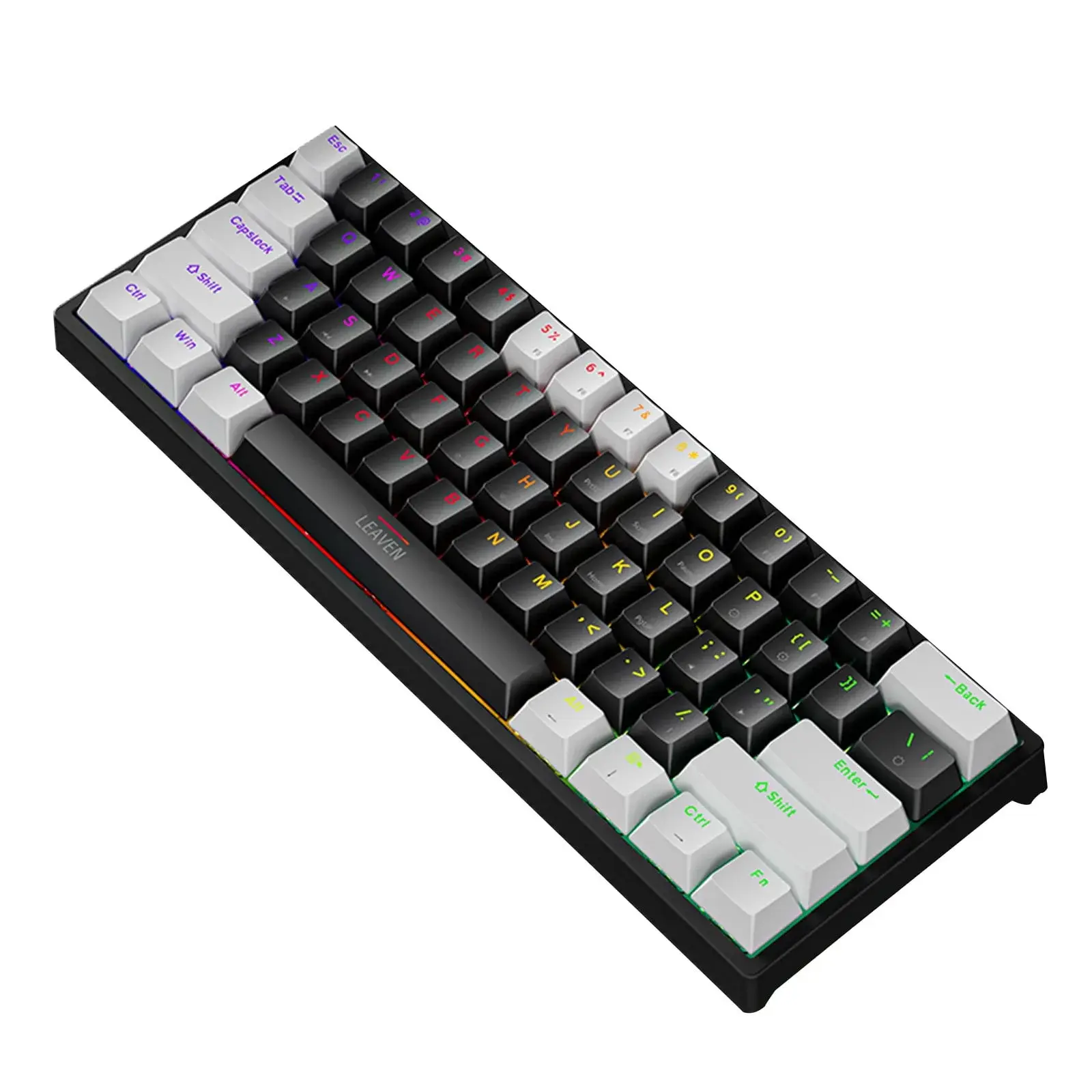 Diseño Ultra Compacto (60%): Su formato de 61 teclas es ideal para ahorrar espacio y mejorar la ergonomía, perfecto para setups minimalistas o transporte frecuente. Interruptores Mecánicos: Switches diseñados para ofrecer una respuesta ultrarrápida y una sensación táctil precisa en cada pulsación. Iluminación RGB Dinámica: Personaliza tu entorno con efectos de luz vibrantes y coloridos. Diseño Ergonómico: Construido con un ángulo inclinado que reduce la fatiga durante largas sesiones de juego o escritura. Alta Resistencia: Fabricado para soportar un uso intensivo, garantizando durabilidad y consistencia a largo plazo.