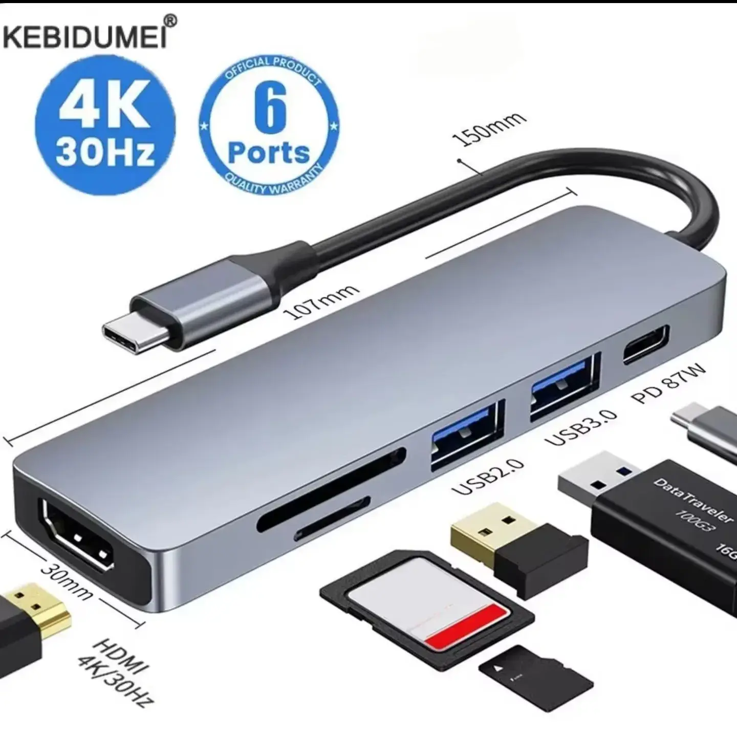 Hub Adaptador Multipuerto USB Tipo C (HDMI, Puertos USB 3.0 y Lector de Tarjetas)